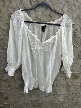 Boho Romantic FairyCore Spense 3/4 Sleeves White Peasant Top with Lace Yoke M